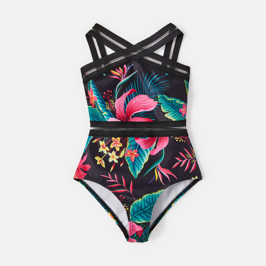 Family Matching Swimsuit Allover Plant Print Crisscross One-Piece Swimsuit and Swim Trunks - HER SHOP