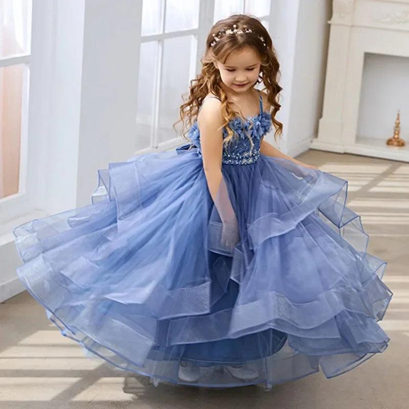 Blue Lace Tulle Flower Girl Dress Spaghetti Straps