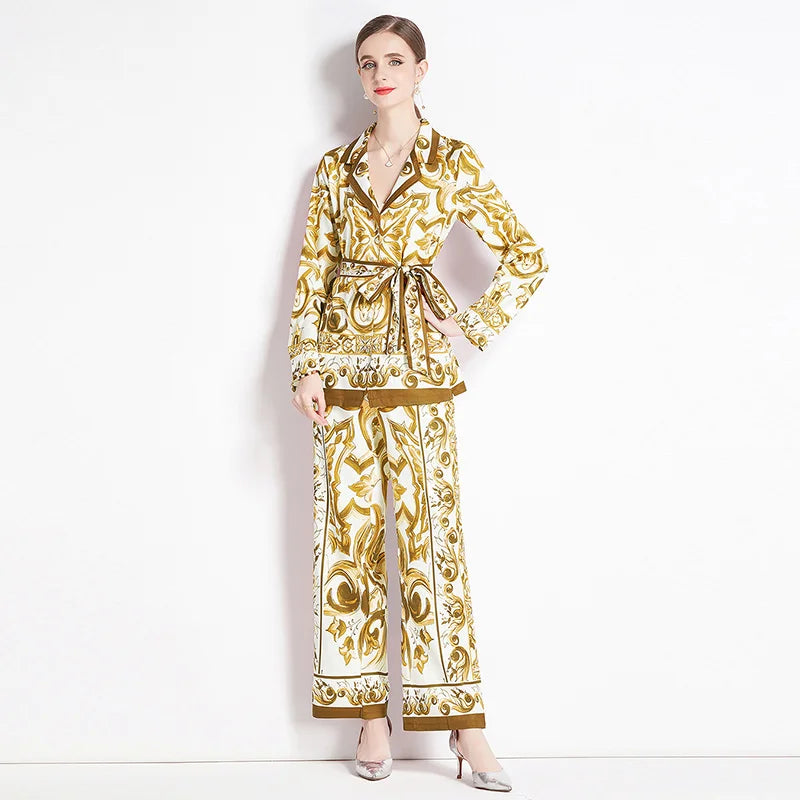 2025 Spring Yellow Floral Print Two-Piece Set – Long Sleeve Shirt with Waist-Cinching Slim Pants