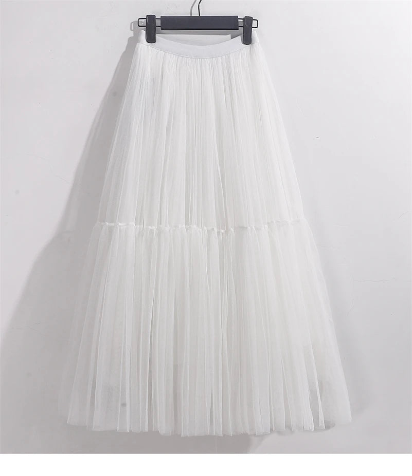Elegant High Waist Tulle Skirt – Solid Color A-Line Mesh Tutu Skirt for Women