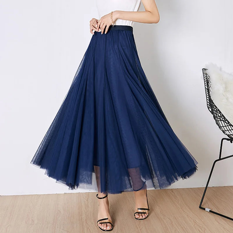 Elegant Beige Tulle Maxi Skirt – High Waist A-Line Mesh Long Skirt for Women