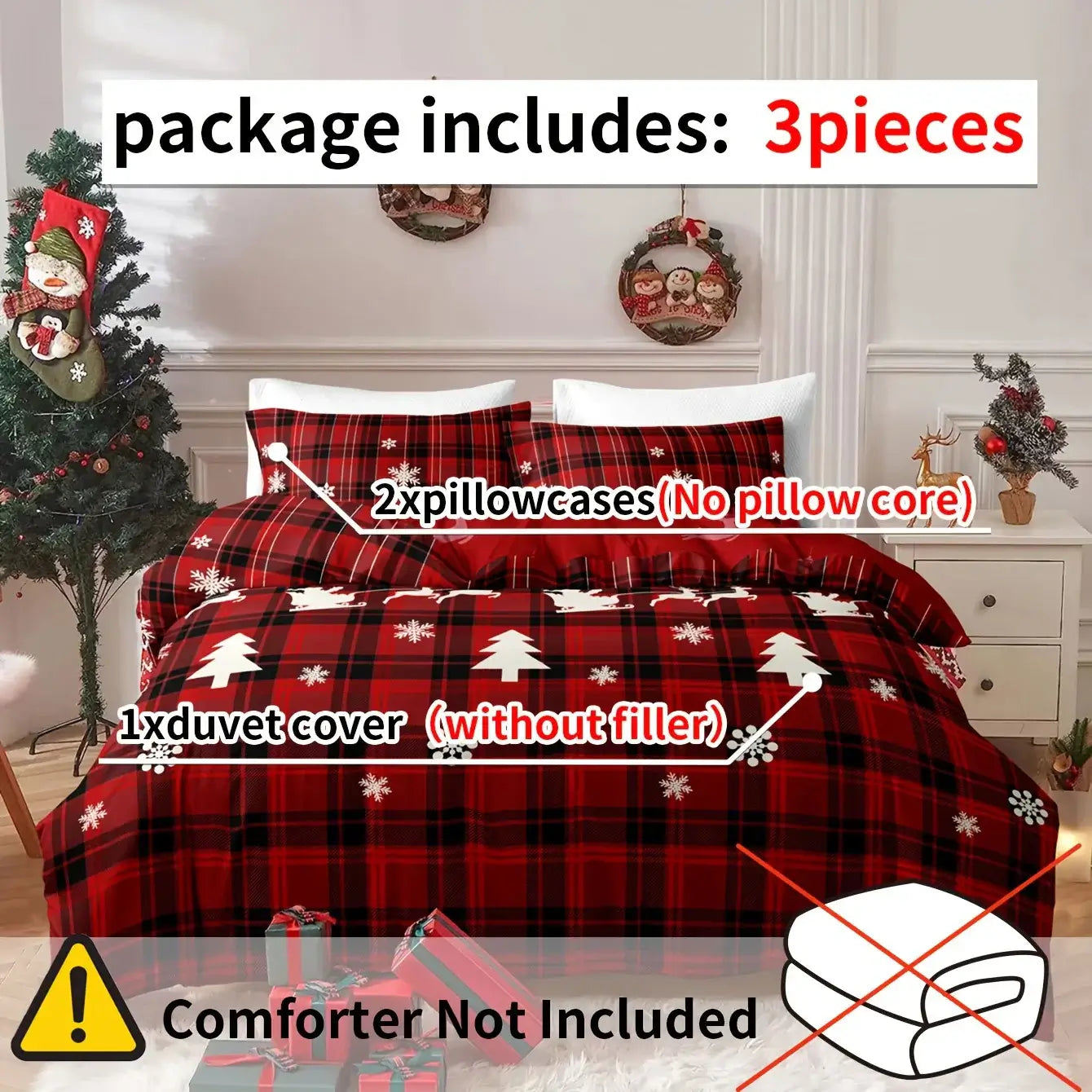 3-Piece Christmas Duvet Cover Set – Soft, Breathable, Hypoallergenic Fabric with Checkered Elk and Snowflake Print