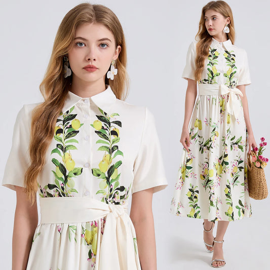 2025 Brand Designer Pear Tree Print Long Shirt Dress - Summer Holiday Midi Dress for Women - HER SHOP