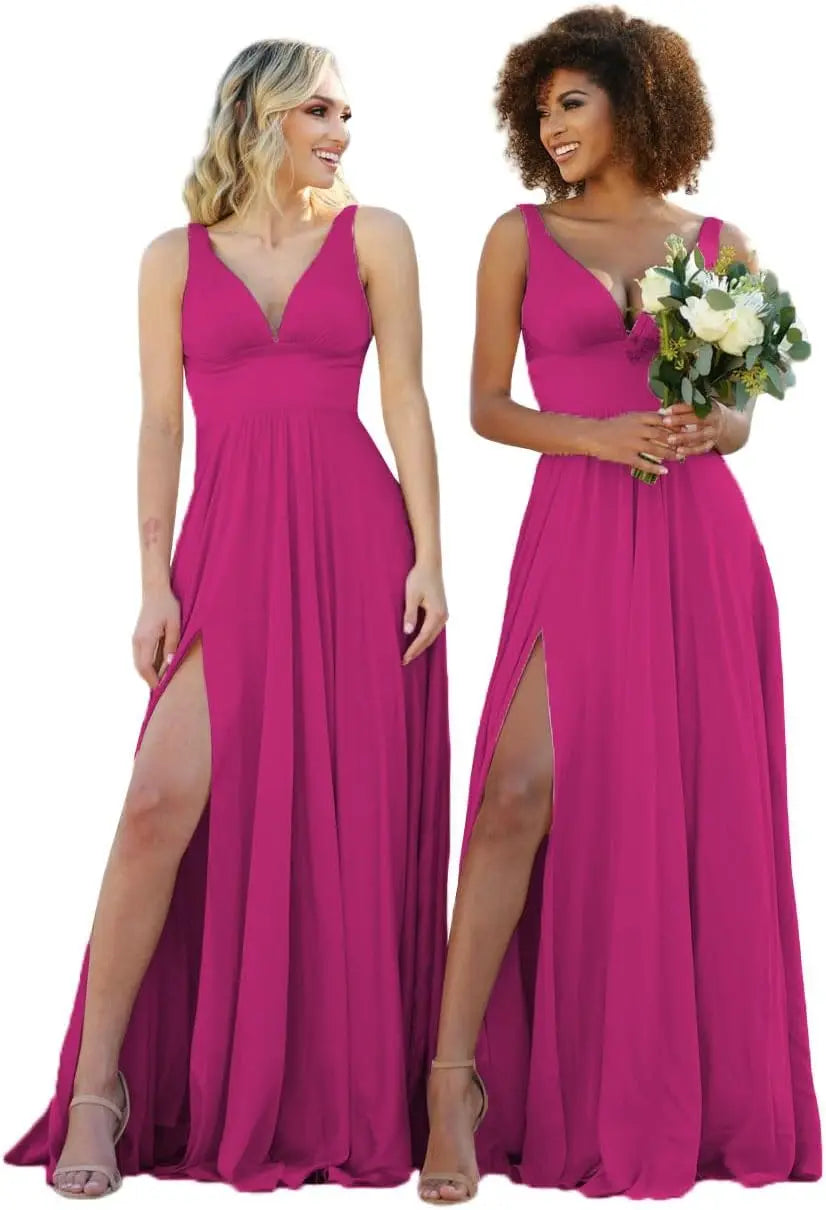 Champagne Gold Bridesmaid Dress – Elegant V-Neck Satin Chiffon Gown for Wedding, Prom & Formal Events