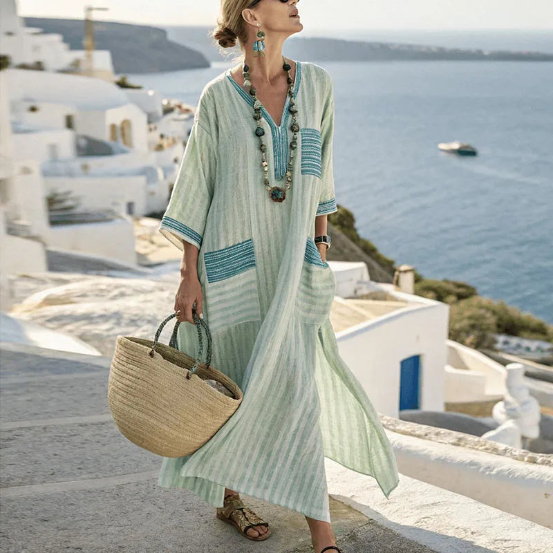Elegant Bohemian Maxi Dress – Summer V-Neck Short Sleeve Casual Vacation Dress with Pockets for Women