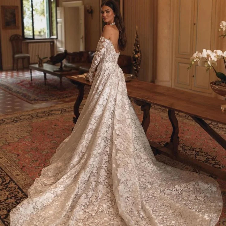 Luxury Vintage A-Line Lace Wedding Dress – Off-the-Shoulder, Long Sleeve, Chic & Customizable Bridal Gown