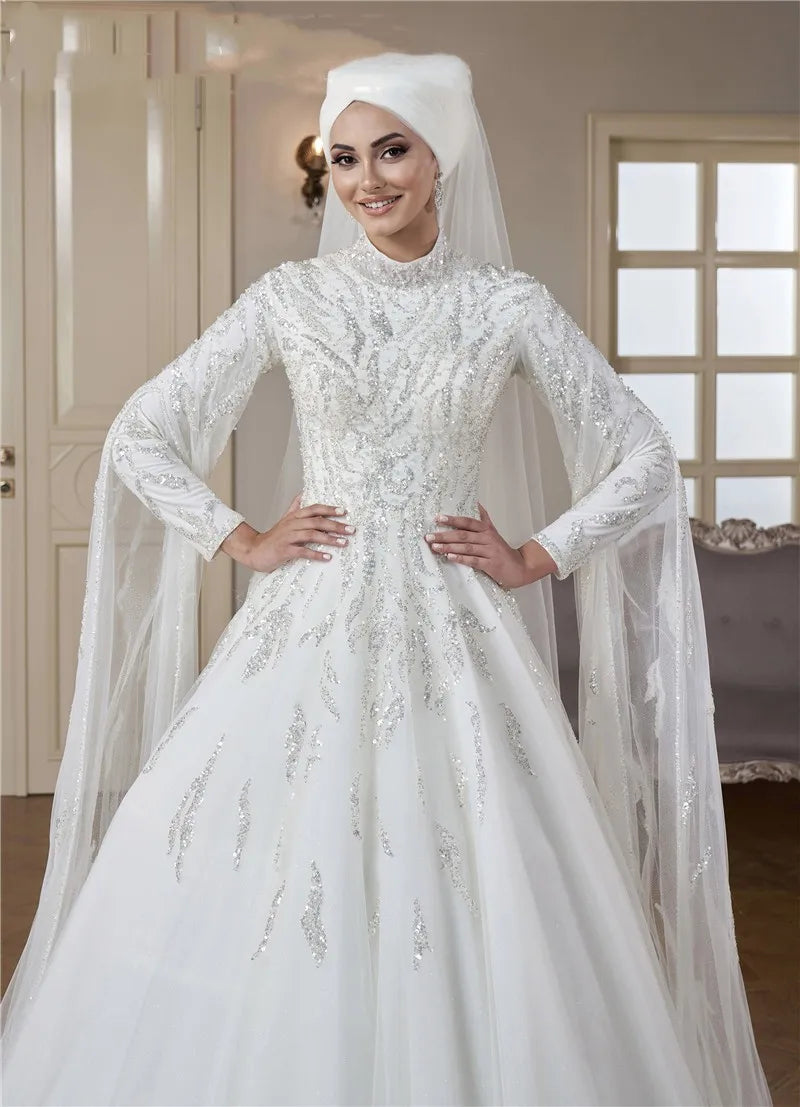 Luxury High Neck Wedding Dress Full Sleeve Sequin Kaftan Style Bridal Gown