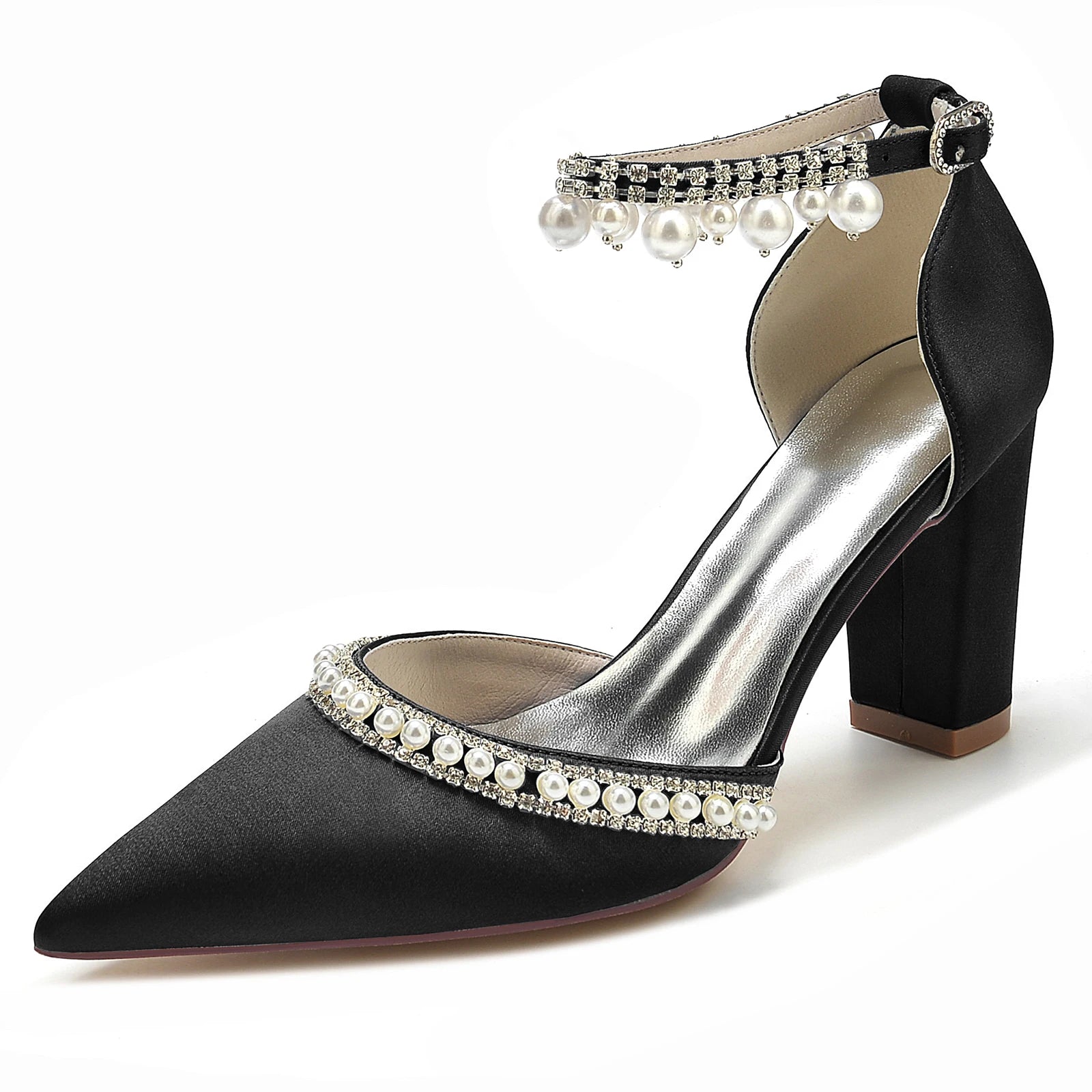 Elegant Satin Evening Pumps with Thick Block Heel, Pearls & Ankle Strap  -  Bridal, Prom, Party Shoes