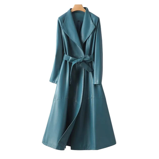 Elegant Sheepskin Leather Trench Coat for Women – Double Breasted Office Lady Long Coat with Pockets & Adjustable Waist - HER SHOP