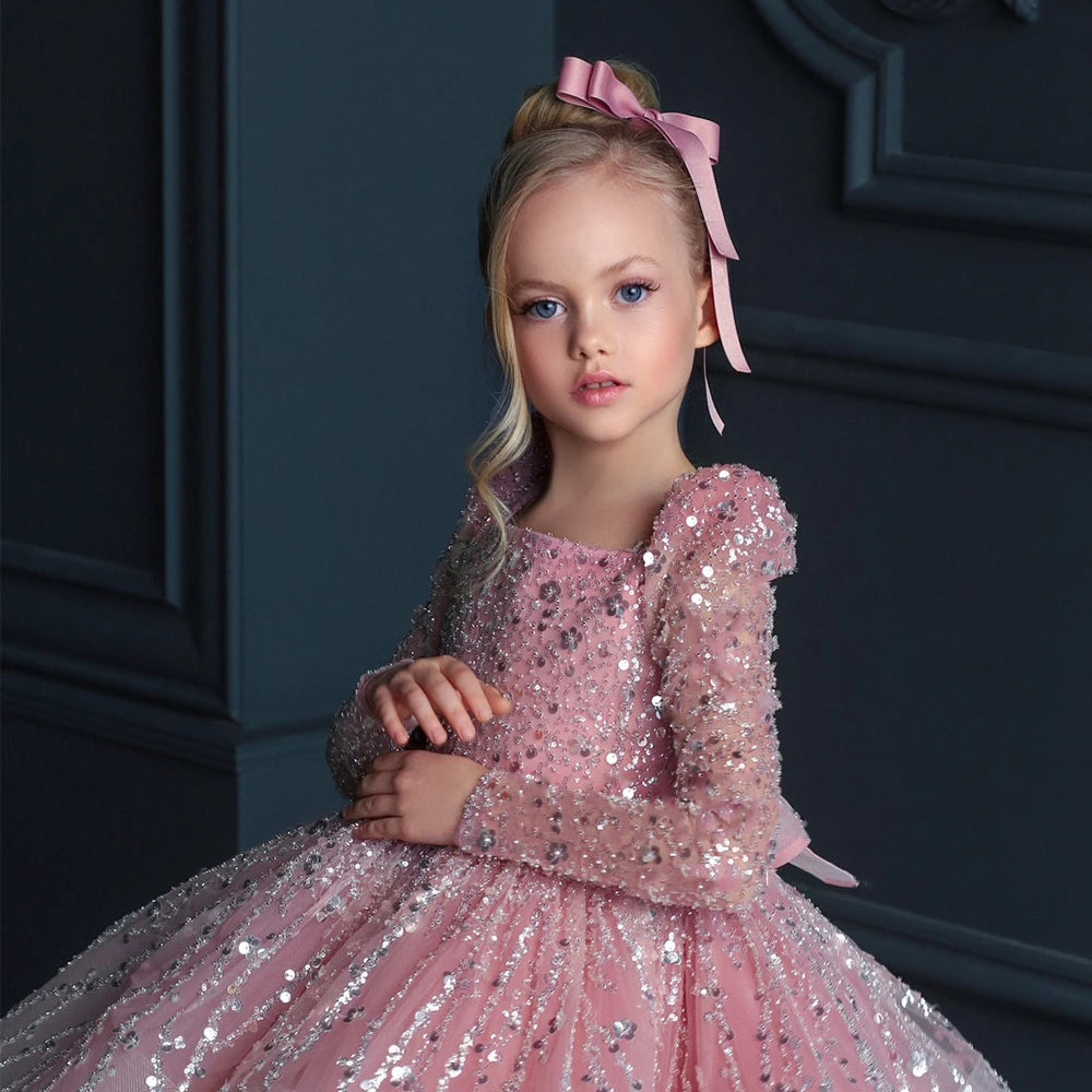 Elegant Pink Flower Girl Dress with Sequins A-Line Long Sleeve Christmas Princess Dress
