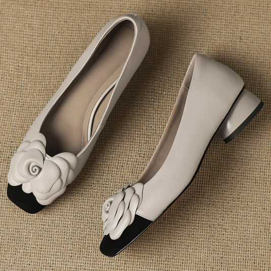 Plus Size Women’s Sheepskin Slip-On Pumps (EU 34–41) – Floral Patchwork Low Heel Square-Toe Office Dress Shoes - HER SHOP