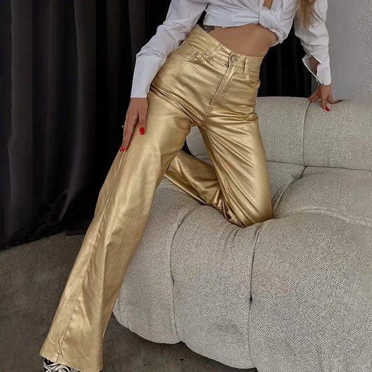 Women's New Fashion Silver High Waist Strap Pants Vintage Pockets Elegant Commuting Casual Loose Fit Women's Shiny Pants Y2K - HER SHOP