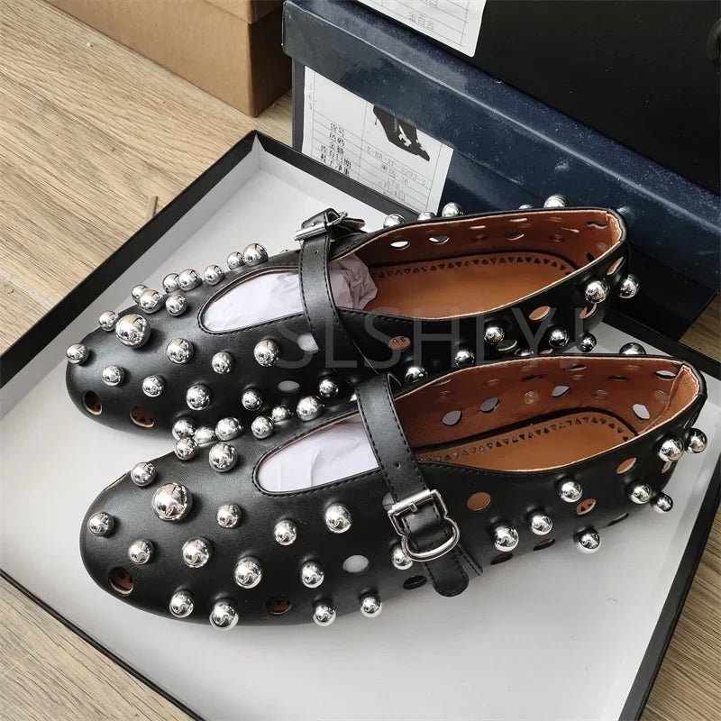 New Rivet Round Head Flat Shoes Orange Leather Sandal Buckle Ballet Sandal Silver Hollow Mary Jane Shoes Lipstick Key Bag 34-45