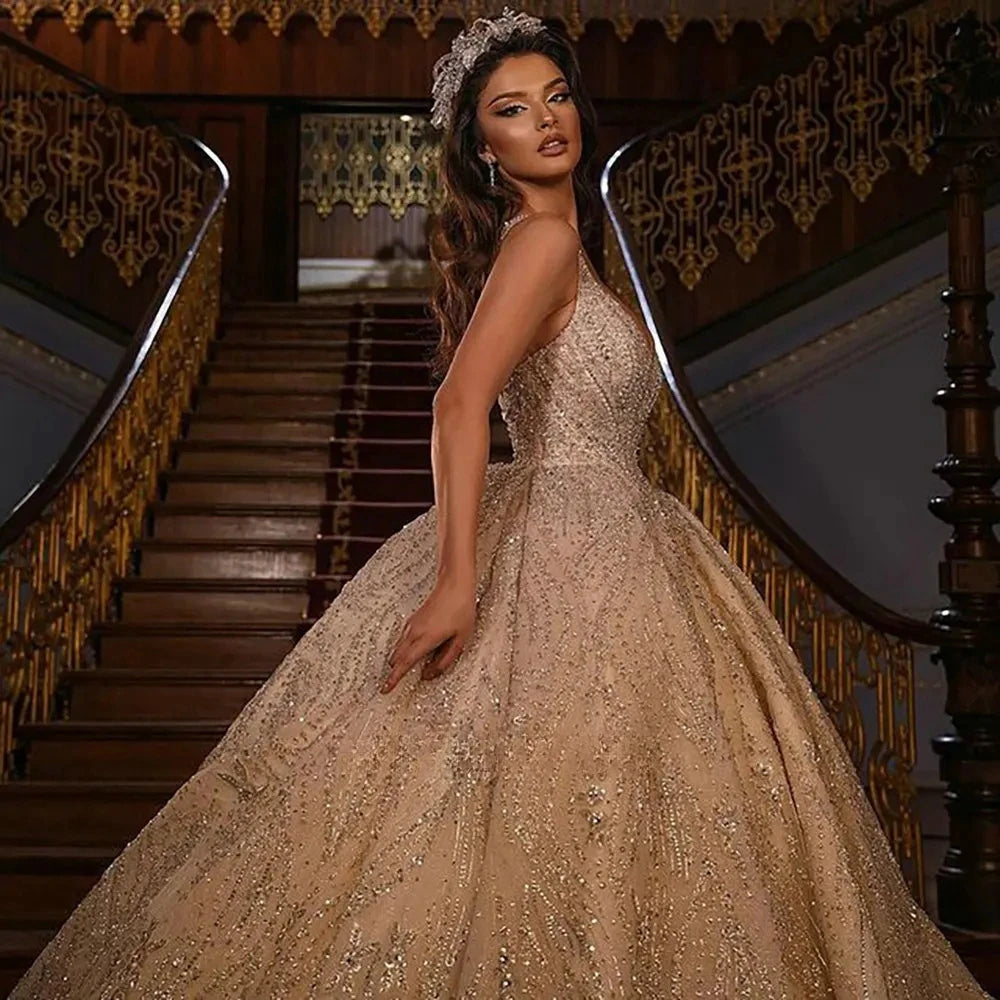 Stunning Diamonds Crystal Ball Gown Wedding Dresses Beading Dress Customized Shiny Floor-length Bridal Gown Vestido De Novia