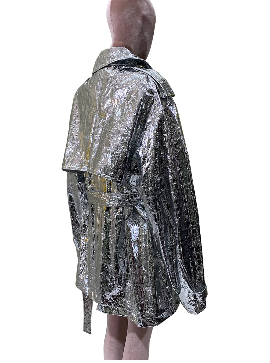 Autumn Oversized Shiny Silver Trench Coat for Women Belt Double Breasted European Fashion Emo Clothes Y2K Streetwear