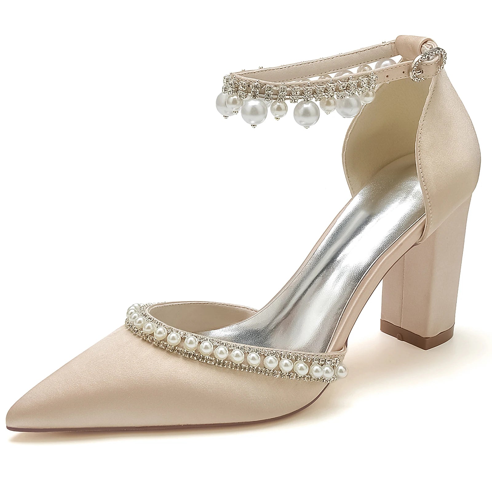 Elegant Satin Evening Pumps with Thick Block Heel, Pearls & Ankle Strap  -  Bridal, Prom, Party Shoes