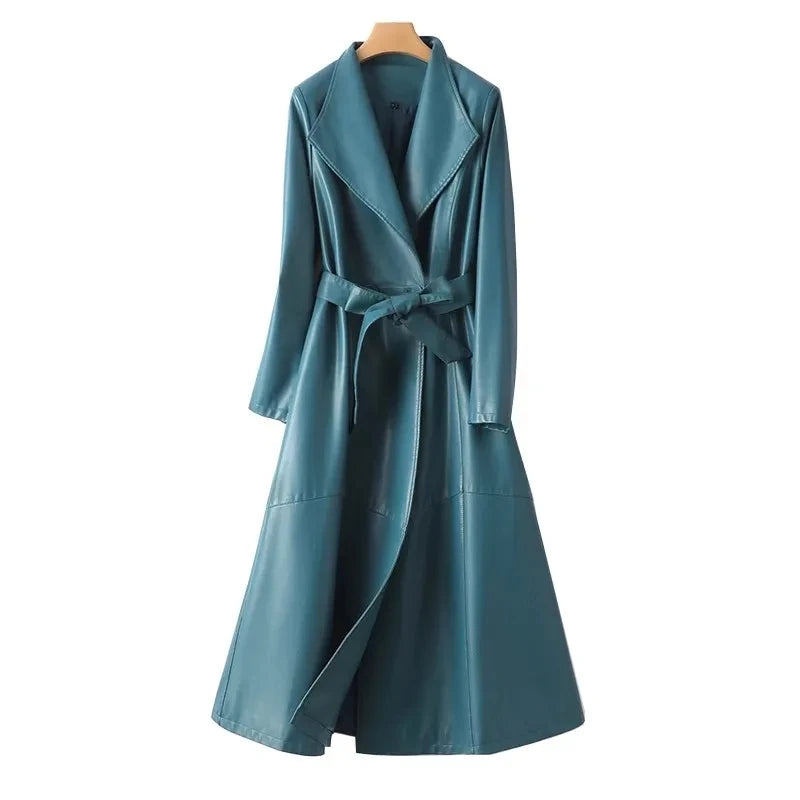 Elegant Sheepskin Leather Trench Coat for Women  –  Double Breasted Office Lady Long Coat with Pockets & Adjustable Waist