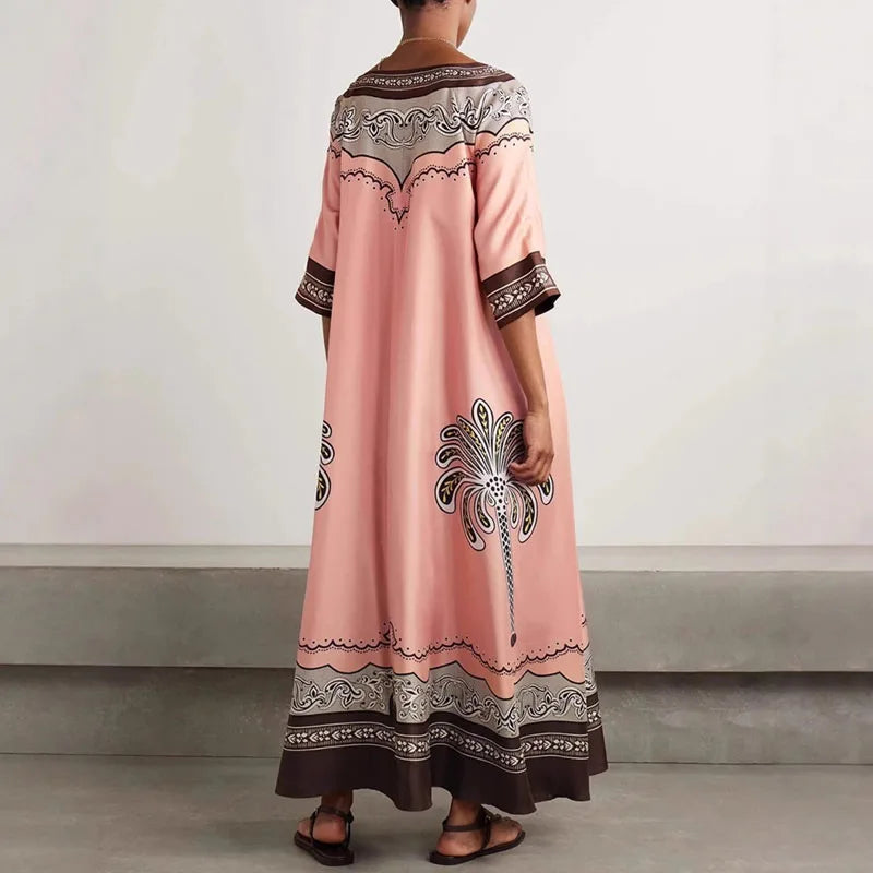 Vintage Bohemian Coconut Tree Print Dress – Autumn V-Neck Half Sleeve Loose Holiday Beach Dress for Women