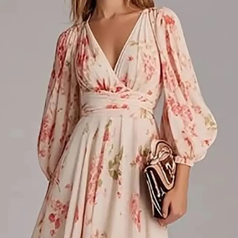 Spring Women V Nec Floral Print Long Sleeve Party Dress Ladies Commute A-Line Pullover Pleated Dress Vestidos Bohemian Dress