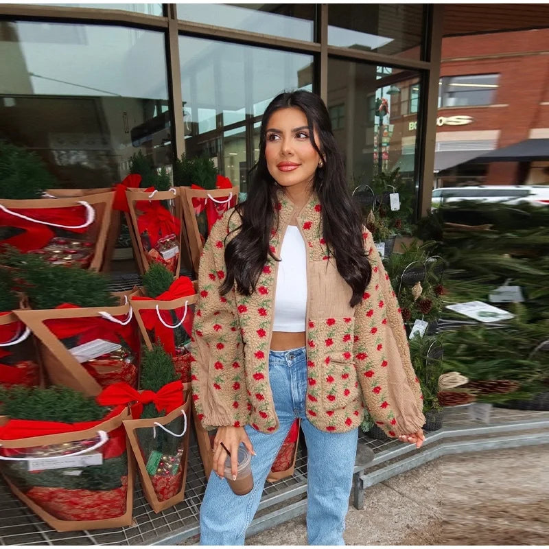 Retro Printed Plush Zipper Short Jacket Women Casual Loose High Neck Pocket Jackets Coat Lady 2025 Versatile Chic Street Outwear