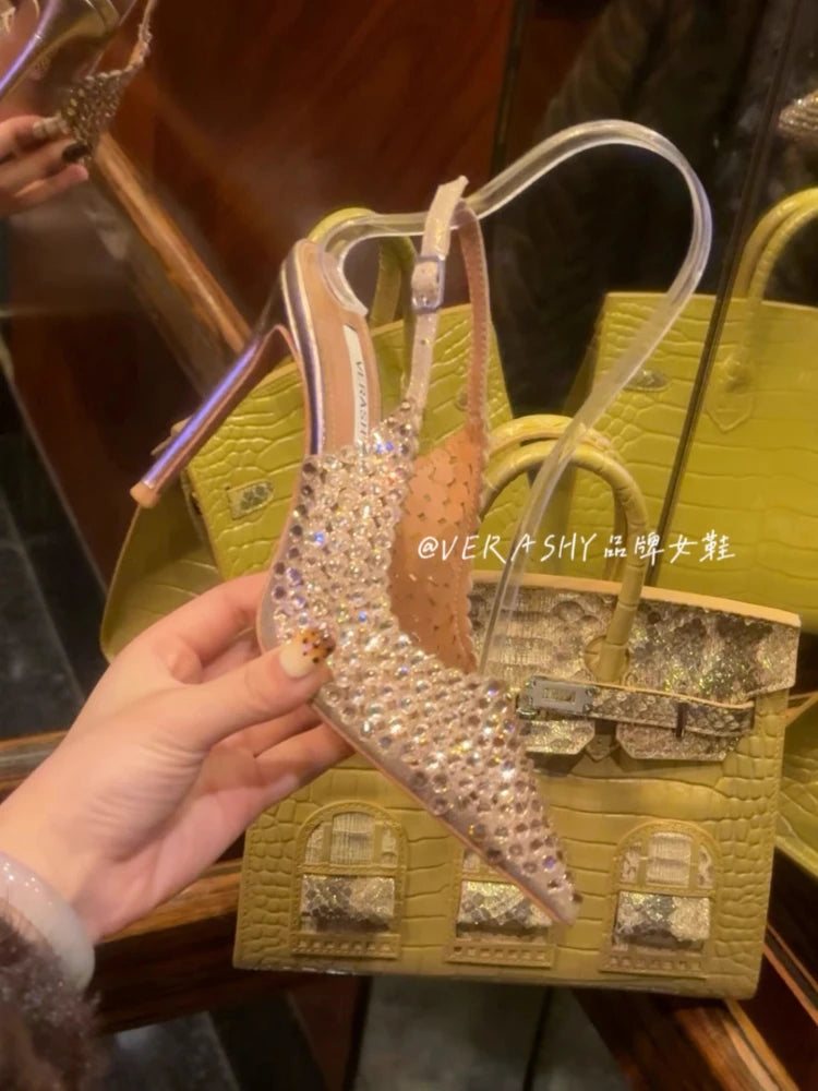 Diamond high heels for women in2025with a single button back strap,sexy wedding shoes for brides,slim heels,pointed toe sandals