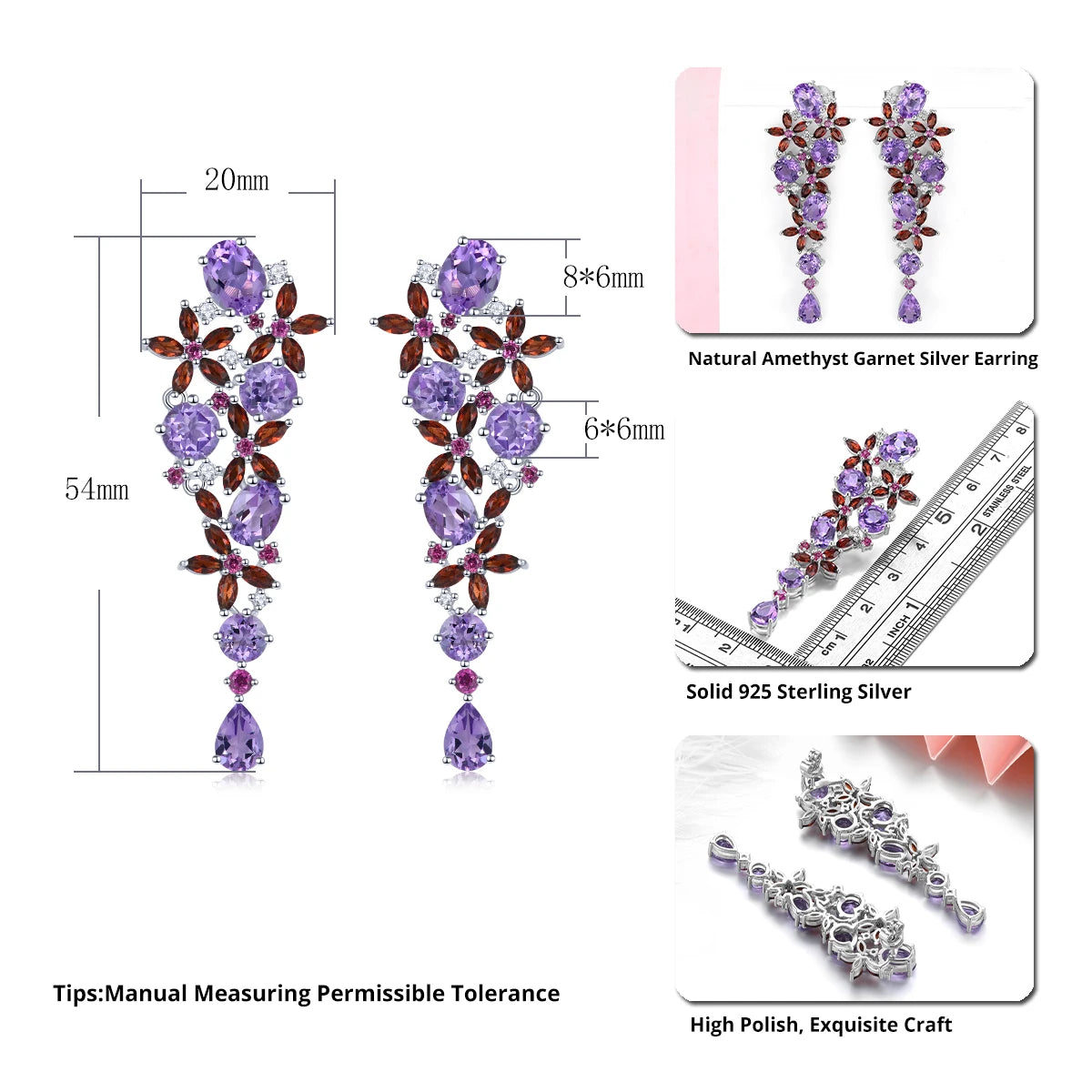 Natural Amethyst & Garnet Sterling Silver Drop Earrings – 13.8 Carat Multicolor Gemstone Fine Jewelry for Engagement