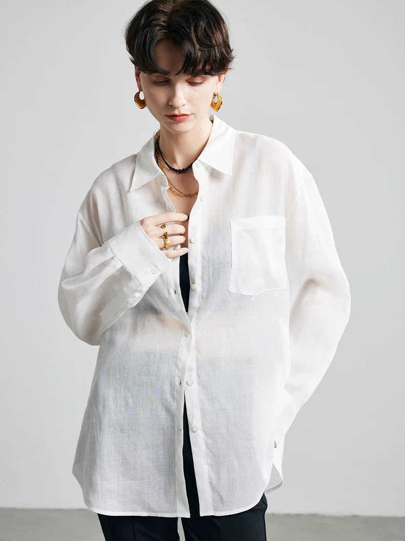 100% Ramie Solid Blouse  -  Women's Loose-Fit Shirt with Turn-Down Collar & Chest Pocket