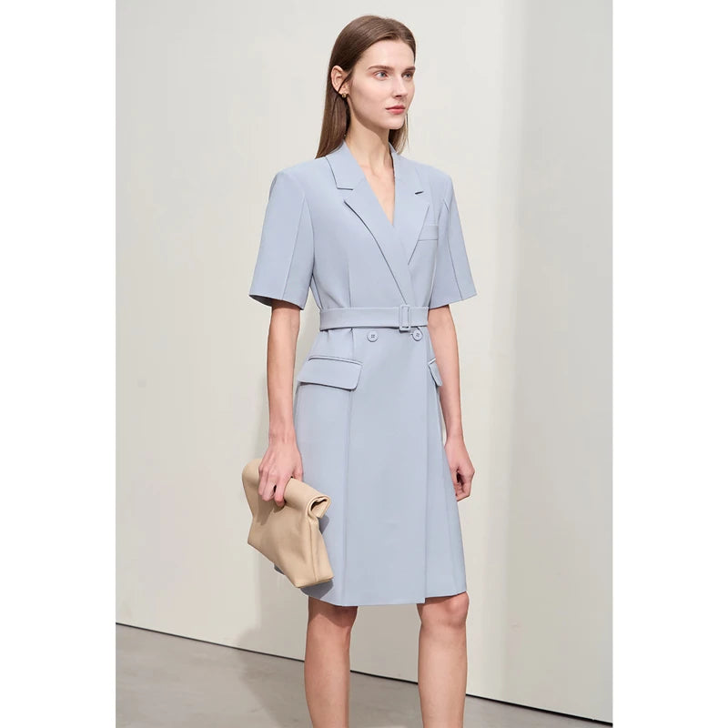 Minimalist Blazer Dress for Women - Spring New, Turn-Down Collar, Belted, Short-Sleeve Toothpick Pleated Dress