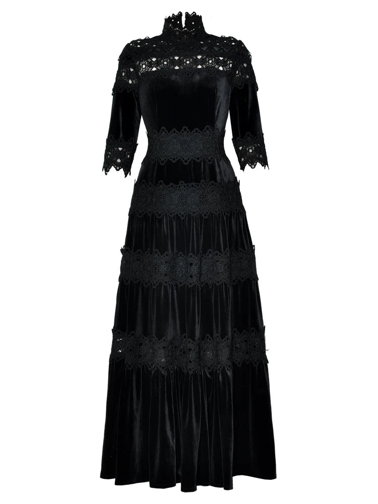 Vertical Collar Lady's Long Dress 2025 Spring And Autumn Hollow Out Stitching Lace Large Hem Women's X-Long Velvet Dresses