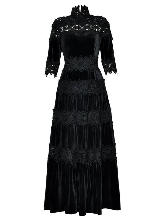 Vertical Collar Lady's Long Dress 2025 Spring And Autumn Hollow Out Stitching Lace Large Hem Women's X-Long Velvet Dresses - HER SHOP®