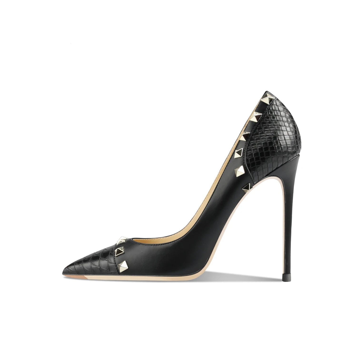 Black high-heeled shoe with studded details on a white background