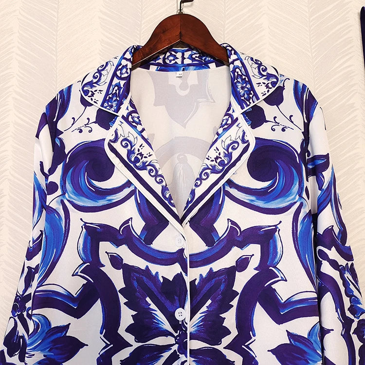 Gizelle High Street Runway Floral Print Notched Collar Blouse & Wide Leg Pants Fashion 2 Pieces Sets Women Chic Designer Outfits