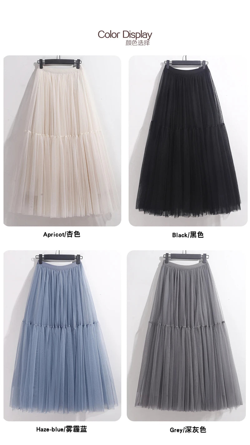 Elegant High Waist Tulle Skirt – Solid Color A-Line Mesh Tutu Skirt for Women
