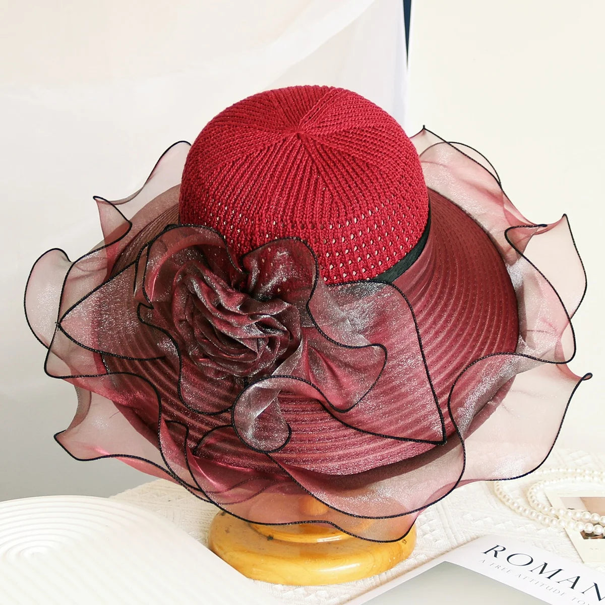Elegant Women's Summer Sun Hat – Breathable Organdy, Foldable Design, Woven Crown with Flower Decoration