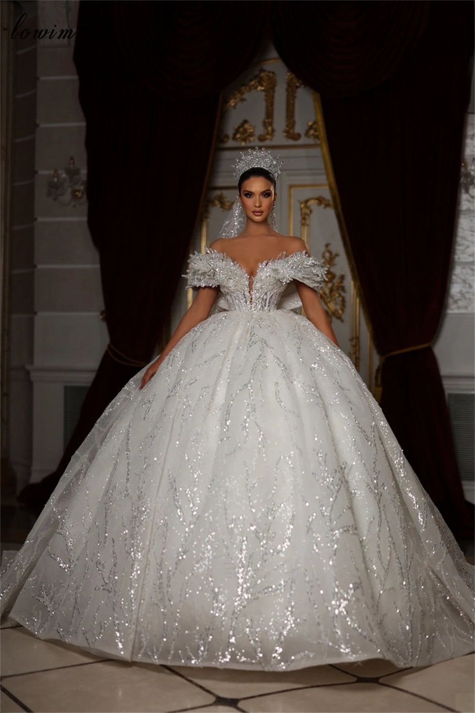 Sparkly Sequined A-Line Wedding Dress | Princess Chapel Train Bridal Gown – Vestido De Casamento