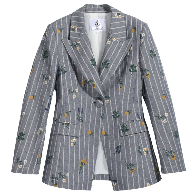 Urban Bohemian Chic Blue Striped Embroidered Blazer
