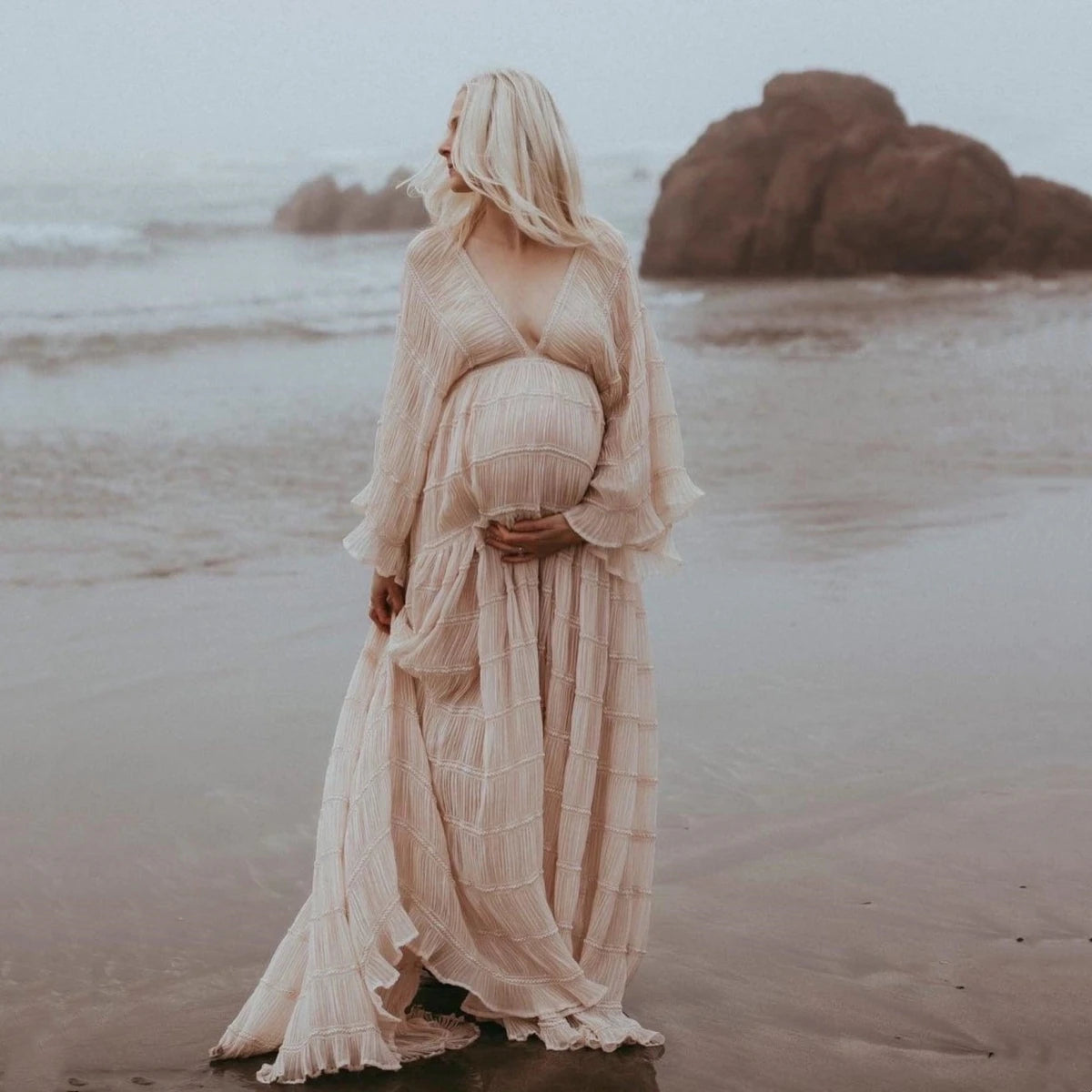 Pleated Chiffon Boho Maternity Photoshoot Dress – Maxi Baby Shower Gown for Pregnant Women | Photography Prop Dress