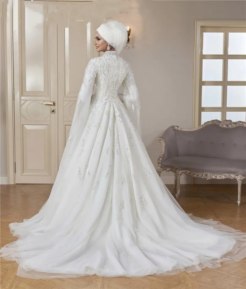 Luxury High Neck Wedding Dress Full Sleeve Sequin Kaftan Style Bridal Gown