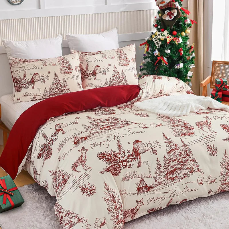 Red Countryside Christmas Bedding Set – 3-Piece Holiday Microfiber Duvet Cover with 2 Zippered Pillowcases