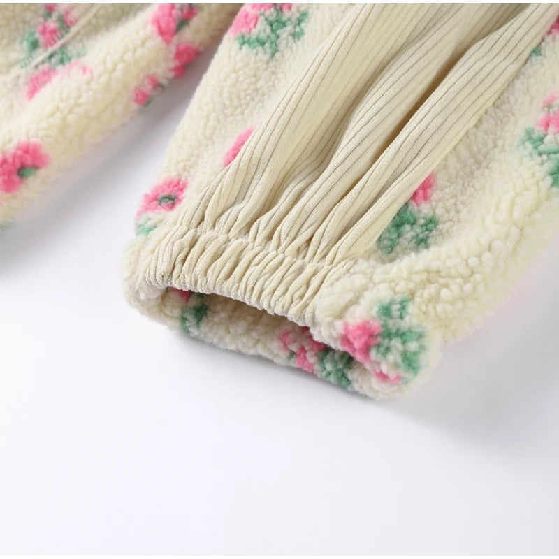 Retro Printed Plush Zipper Short Jacket Women Casual Loose High Neck Pocket Jackets Coat Lady 2025 Versatile Chic Street Outwear