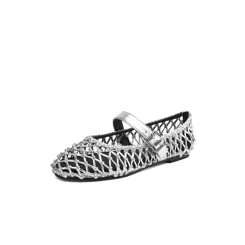 Summer Ballet Shoes Women's Mary Jane Shoes Women's Flat Bottom Mesh Fishing Net Handmade Single Shoes Genuine Leather Sandals