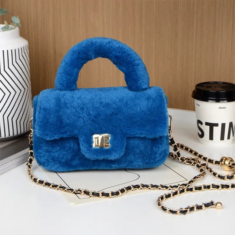 Lamb Fur Women’s Small Handbag – Soft Plush Chain Shoulder Bag & Fluffy Everyday Clutch