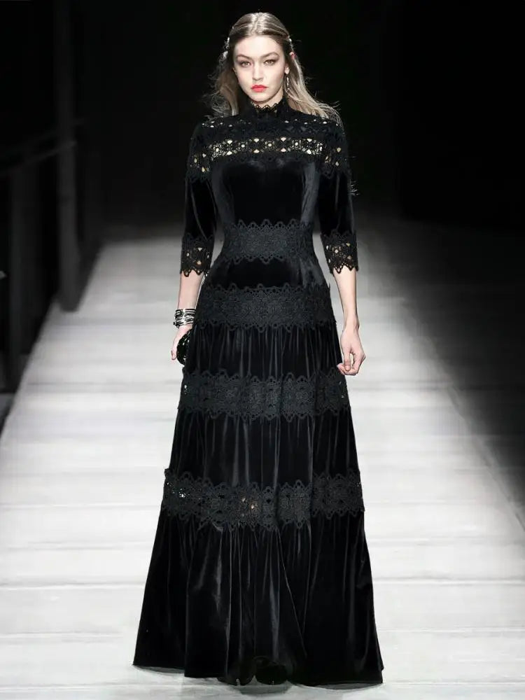 Vertical Collar Lady's Long Dress 2025 Spring And Autumn Hollow Out Stitching Lace Large Hem Women's X-Long Velvet Dresses