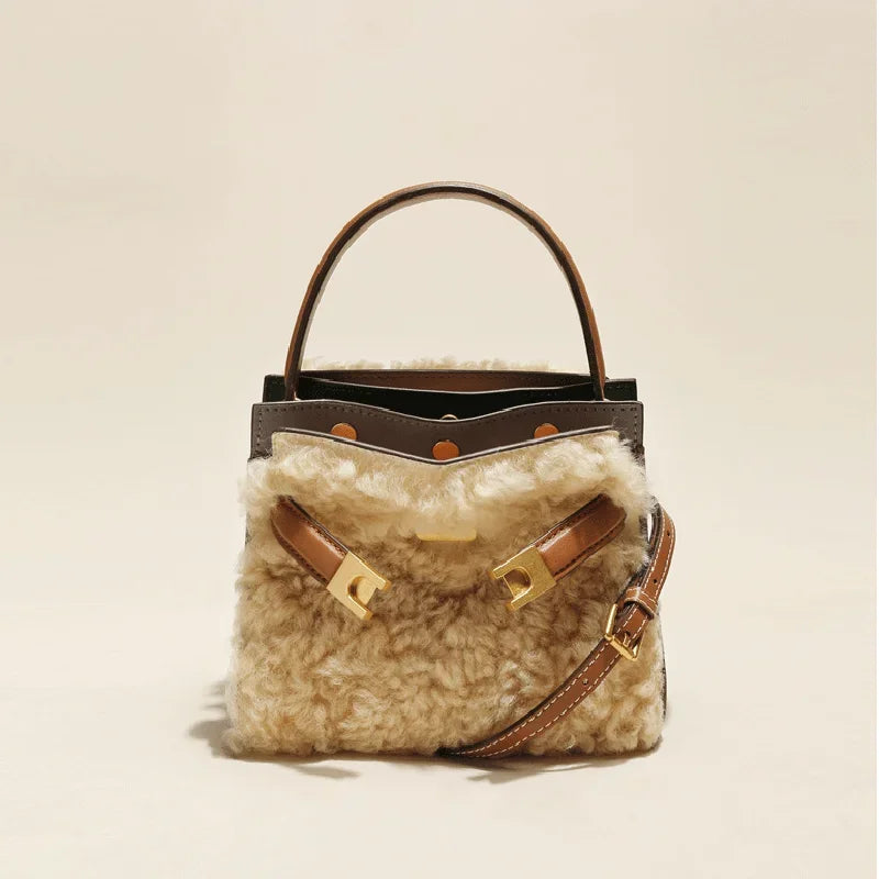 2025 Winter Fashion Women's Handbag — Fluffy Wool Fur Lambswool Tote with Real Leather Flap, Small Shoulder Bag in Khaki