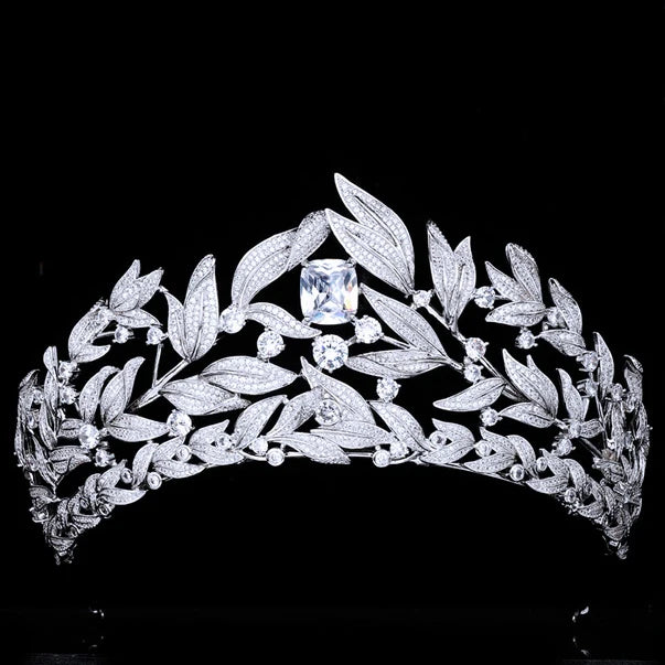 Cubic Zirconia Leaf Tiara  -  Bridal Crown Headband for Brides, Princess or Queen Style Wedding Hair Accessories