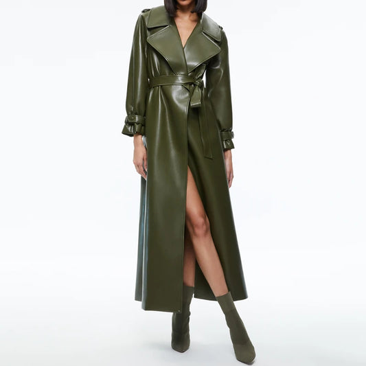 Long Sheepskin Leather Windbreaker Coat – Green, Loose Fit, Stylish Women'sOuterwear for Spring & Autumn - HER SHOP