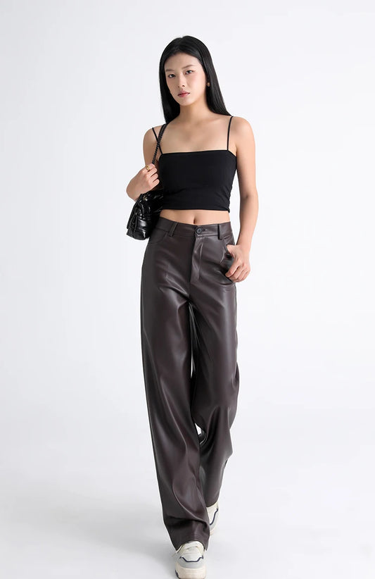 Fall Winter Fleece Loose Wide Leg Warm Leather Pants Women Button Pocket High Waist Thick PU Casual Straight Pants - HER SHOP