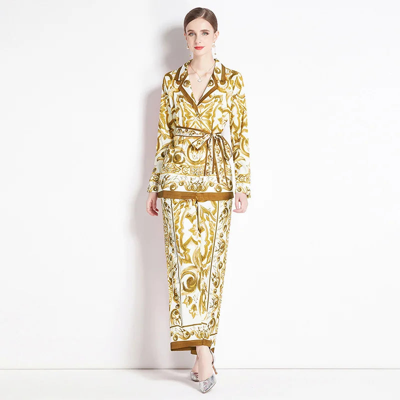 2025 Spring Yellow Floral Print Two-Piece Set – Long Sleeve Shirt with Waist-Cinching Slim Pants