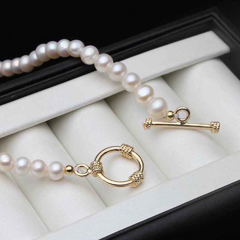 Women's Necklace – White Natural Freshwater Round Pearl Necklace, Perfect for Weddings, Brides, or as a Gift (Sweater Chain Style)