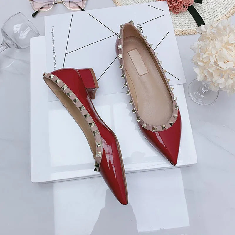 Luxury Leather Rivet High Heels | Designer Pointed Toe Square Heel Pumps for Women